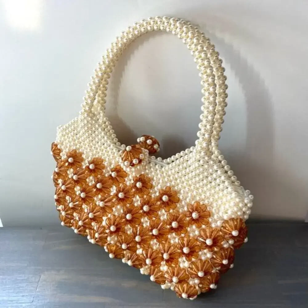Vintage‎ Beaded Floral Satchel Handbag Purse Cognac Brown Cream Evening Bag NEW
